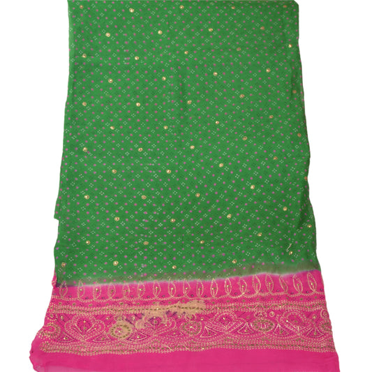 Sanskriti Vintage Dupatta Long Stole Chiffon Silk Green Scarves Hand Beaded Veil